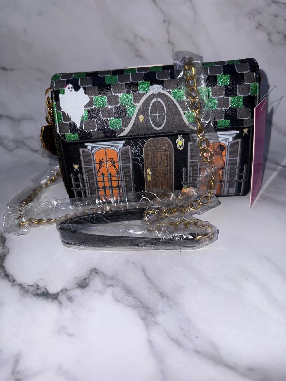 Betsey Johnson Black Green Orange Halloween House Crossbody Wallet - Picture 3 of 6
